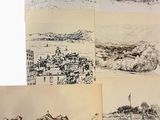plusieurs croquis représentant une ville et une plage avec un bateau dans l'eau