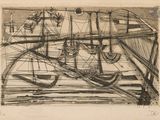 un dessin en noir et blanc d'un bateau dans l'eau