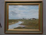 un tableau représentant un bateau sur la rive d'une rivière