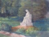 pastel painting of a statue in a park with trees in the background
