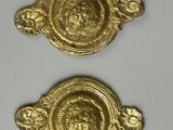 two gold metal buttons with a lion head on them
