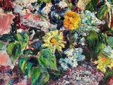 a painting of flowers in a vase on a table