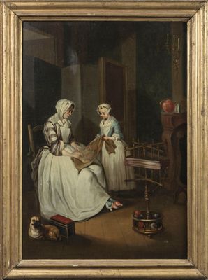 un vieux tableau représentant deux femmes assises dans une pièce en compagnie d'un chien et d'un chat