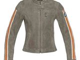 women ' s leather jacket with orange and white stripes on the sleeves