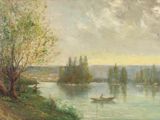 a painting of a boat on a river with trees in the background