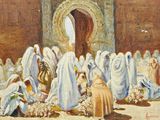 une peinture à l'huile représentant un groupe de personnes devant un bâtiment