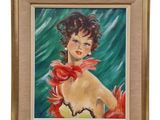 an oil painting of a woman in a red dress with a red scarf