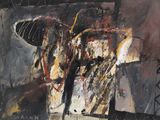 peinture abstraite représentant un éléphant à la tête noire et à la queue rouge