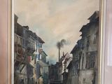 tableau représentant une scène de rue avec des bâtiments et un bateau sur l'eau