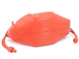 an orange leather bag with a circular handle and a drawsack