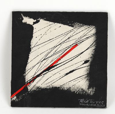 une peinture abstraite représentant une ligne rouge sur un fond noir et blanc