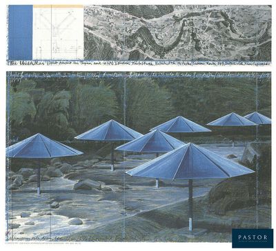 many blue umbrellas that are sitting in the water
