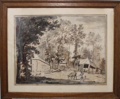 an image of a painting of a farm scene in a frame