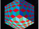 une image représentant un cube orné d'un motif rouge, bleu et vert