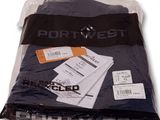 black t - shirt wrapped in plastic bag with white tags on it