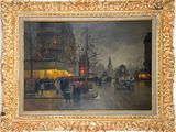 painting of a city street scene with people walking down the street