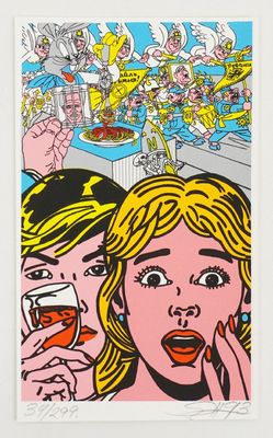 a painting of two women drinking wine in front of a crowd of people