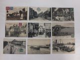 several old black and white photos of a city street with boats
