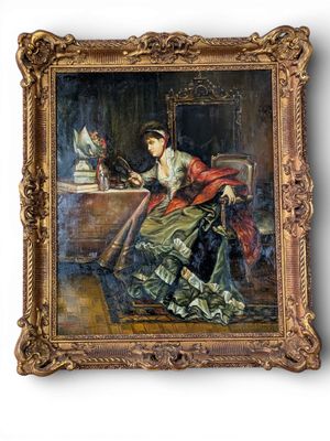 une image représentant un tableau où l'on voit une femme en robe verte assise à une table