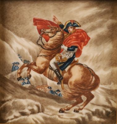 tableau représentant un homme à cheval, sur lequel est posée une cape rouge
