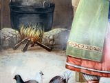 a painting of a woman feeding pigeons in front of a pot