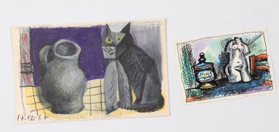 deux dessins représentant des chats et un vase posé sur une table