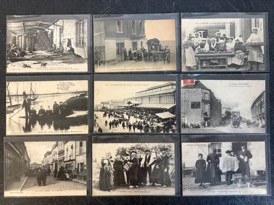several old black and white photographs of people and horses in a town