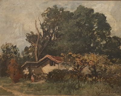 an image of a painting of a house in a field