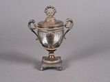 a silver cup with a lid on a stand