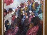 an oil painting of a crowd of people standing in front of a flag
