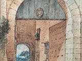 painting of a painting of a man and a woman in a courtyard