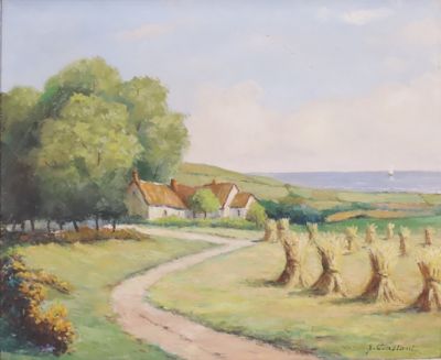 an oil painting of a country road leading to a farm with a boat in the distance