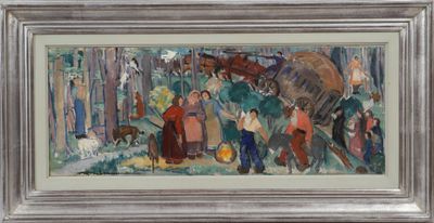 an oil painting of a group of people and horses in a wooded area