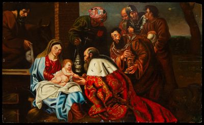 an image of a painting of a manger scene with a baby in a manger