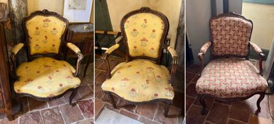 deux photos d'une chaise recouverte de tissu jaune et rouge, recouverte de tissu, recouverte de tissu, recouverte de tissu, recouverte de tissu, recouverte de tissu