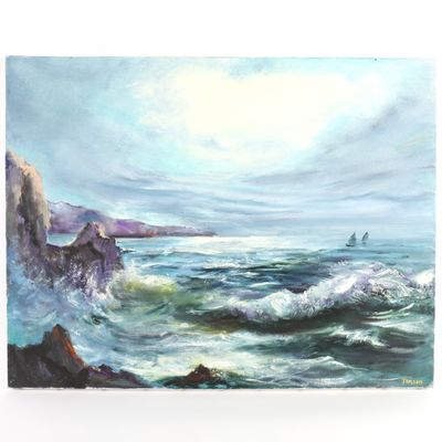 une peinture à l'huile représentant un voilier en mer par temps nuageux