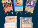 five cards on display in a row on a blue background