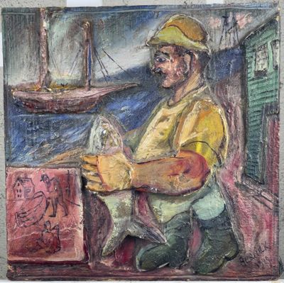 an oil painting of a man holding a fish in his hands