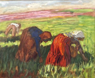 une peinture à l'huile représentant deux femmes dans un champ en train de cueillir de l'herbe