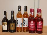 Plusieurs bouteilles de différents types d'alcool sont alignées sur une table