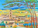 tableau représentant un village avec une église et des arbres