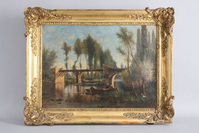 an oil painting of a bridge over a river with a boat in the water