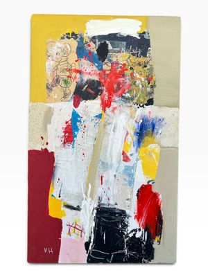 abstract painting of a vase of flowers with red, yellow, blue, and white