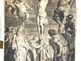 a drawing of jesus on the cross with other people