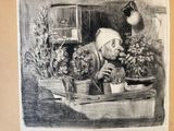 a drawing of a man sitting at a table with flowers