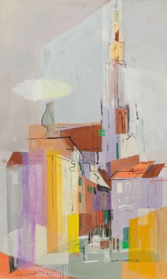 l'image d'une peinture représentant une ville avec une tour d'horloge en arrière-plan