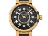 the black and gold watch has a black dial and a black leather strap