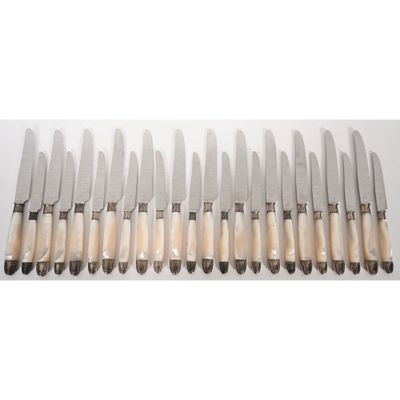 a set of eight knives with ivory handles on a white surface