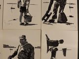 several black and white pictures of a man with a bucket and a man with a bag