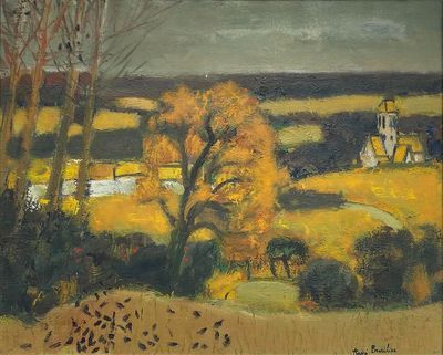 une image représentant un tableau où l'on voit un champ avec des arbres et une église au loin
